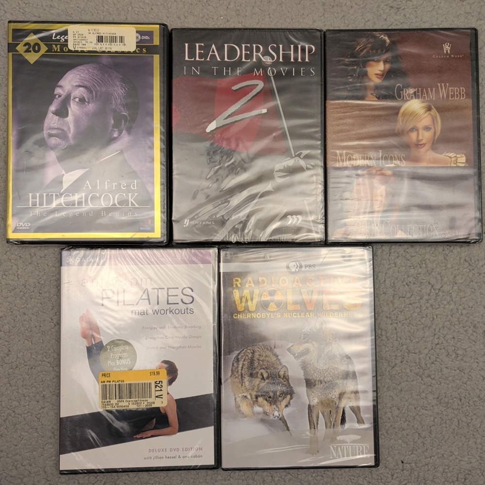 Lot Of 5 Brand New Sealed DVDs PBS Radioactive Wolves Alfred Hitchcock Pilates